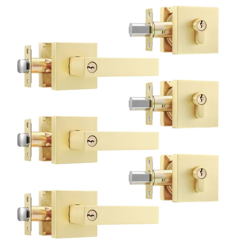 Leydebong 3 Pack Gold Door Knobs with Lock and Key  Entry Door Levers with Single Cylinder Deadbolt  Keyed Alike Exterior Door Knobs with Lock and Keys for Entrance and Front Door - Image 1